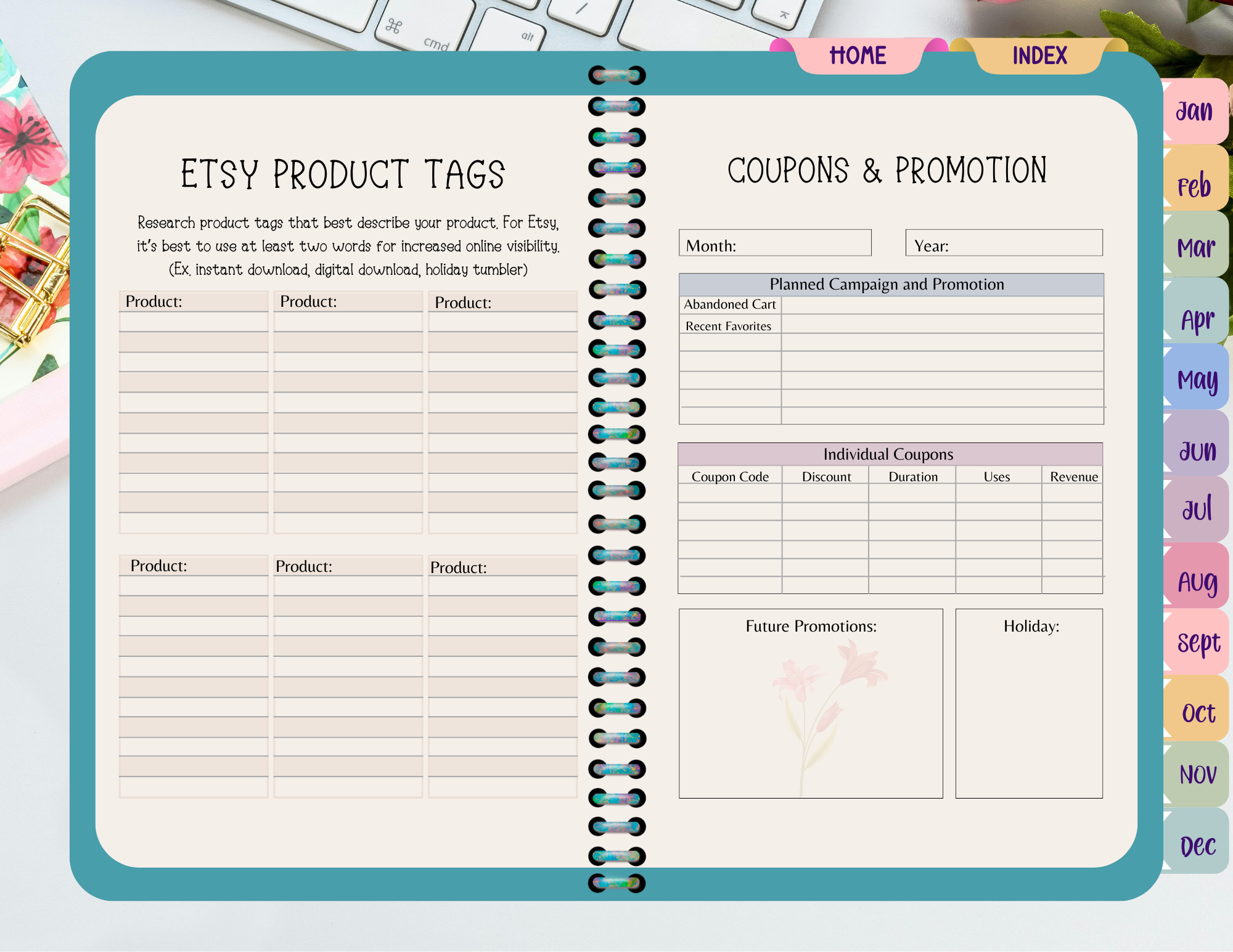 Flower Themed Etsy Business Planner/Organizer (Landscape Orientation)